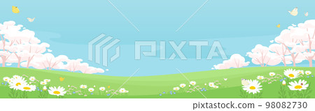 Spring background illustration of cherry blossoms and blue sky Landscape of spring flower garden with butterflies dancing Banner size 98082730