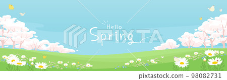 Spring background illustration of cherry blossoms and blue sky Landscape of spring flower garden with butterflies dancing Banner size 98082731
