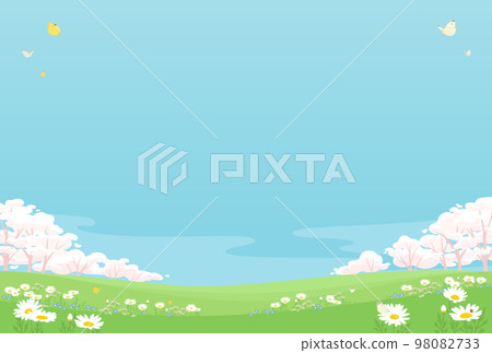 Spring background illustration of cherry blossoms and blue sky Landscape of a spring flower field with dancing butterflies Postcard size Spring background illustration of cherry blossoms and blue sky Landscape of a spring flower field with dancing butterflies Postcard size 98082733