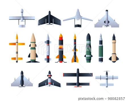 Military missiles and drones. Ballistic rockets with warhead unmanned army aircraft for intelligence, attack and air defense, loitering weapon. Vector set 98082857