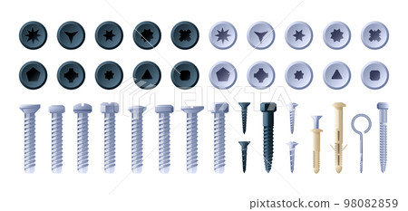 Bolt and screw set. Hardware repairing tools nail, stud and rivet, technical engineering equipment flat cartoon style. Vector isolated collection Bolt and screw set. Hardware repairing tools nail, stud and rivet, technical engineering equipment flat cartoon style. Vector isolated collection 98082859