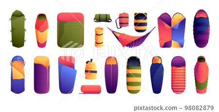 Camping sleeping bags. Tourist rolled bed on zipper with warm blanket cartoon flat style, travel mat compression outdoor camp equipment. Vector set Camping sleeping bags. Tourist rolled bed on zipper with warm blanket cartoon flat style, travel mat compression outdoor camp equipment. Vector set 98082879