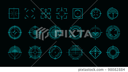 HUD aim ui. Futuristic circle target frame for game user interface, military sniper weapon sight hologram, sci-fi focus HUD aim ui. Futuristic circle target frame for game user interface, military sniper weapon sight hologram, sci-fi focus 98082884