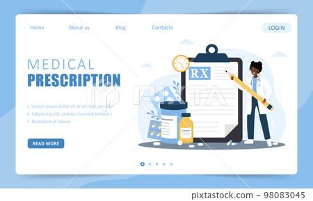 Medical prescription. Landing page template. African woman doctor writing recipe for patient. Healthcare and pharmacy concept. Vector illustration in flat cartoon style 98083045