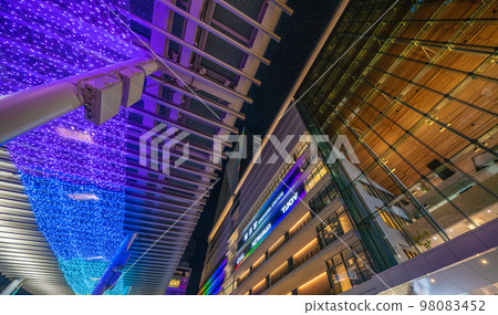 Yokohama cityscape in Japan Illumination of the large roof of the central west exit square of Yokohama Station. Changes in various colors = January 9 Yokohama cityscape in Japan Illumination of the large roof of the central west exit square of Yokohama Station. Changes in various colors = January 9 98083452