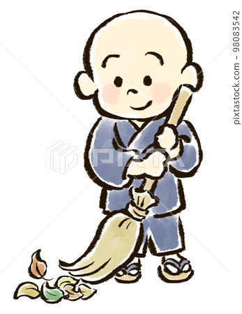 小和尚穿著僧人工作服用掃帚打掃的手繪插畫 98083542