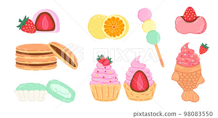 Set of different asian sweets: daifuku, dango, taiyaki, dorayaki, mochi. 98083550