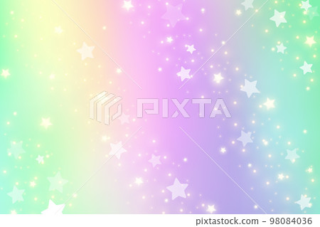 Rainbow fantasy background. Holographic illustration in pastel colors. Cute cartoon girly background. Bright multicolored sky with stars. Vector. 98084036