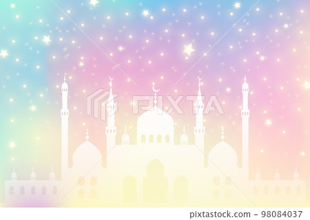 Mosque with minarets silhouette. Islamic architecture on skyline. Istanbul cityscape isolated on gradient background. 98084037