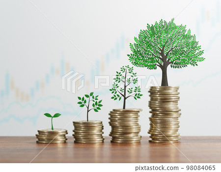 An image of a successful investment. Illustration of stacked coins and a growing tree on a table. An image of a successful investment. Illustration of stacked coins and a growing tree on a table. 98084065