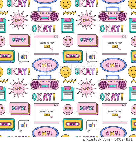 Bright seamless pattern with items from the nineties - retro cassette tape and music boombox, floppy disk, smile, speech bubbles and stars on white background. Nostalgia for the 1990s. Funny print. 98084931
