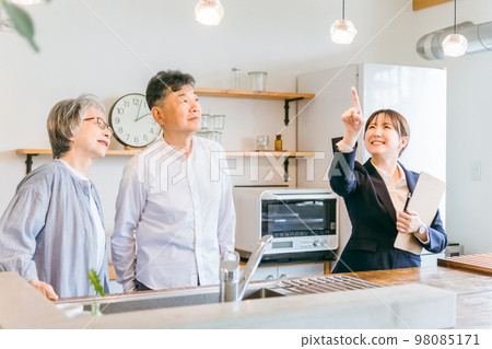 Business woman explaining to an elderly couple at a housing exhibition hall, model room, house maker (lights, lighting equipment) Business woman explaining to an elderly couple at a housing exhibition hall, model room, house maker (lights, lighting equipment) 98085171