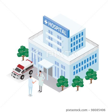 Isometric_Male doctor and male nurse talking in front of hospital Isometric_Male doctor and male nurse talking in front of hospital 98085406