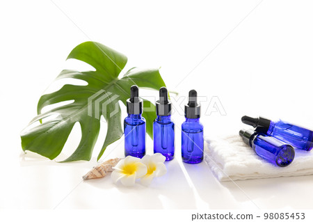 芳香油瓶和龜背竹葉 98085453