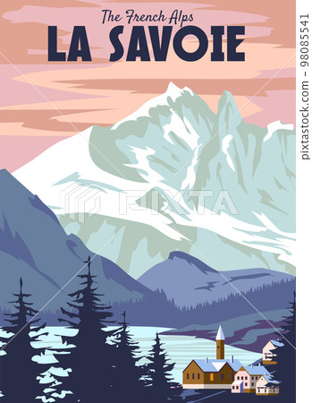 La Savoie Ski resort poster, retro. Winter travel card vintage La Savoie Ski resort poster, retro. Winter travel card vintage 98085541