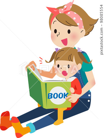 mother reading a picture book to a girl 98085554