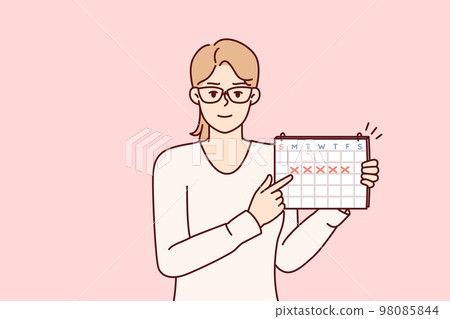 Young woman points finger at calendar with marks recommending time management. Vector image Young woman points finger at calendar with marks recommending time management. Vector image 98085844