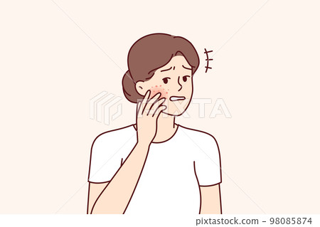 Unhappy woman gets frightened after seeing redness on face suffering from allergies. Vector image Unhappy woman gets frightened after seeing redness on face suffering from allergies. Vector image 98085874