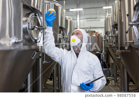 Brewer performing a visual quality control of fresh beer Brewer performing a visual quality control of fresh beer 98087558