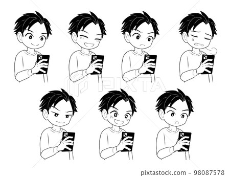 操作智能手機的男人的面部表情集（黑白） 98087578