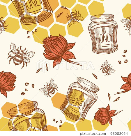 Jar with natural organic honey, beekeeping pattern 98088034