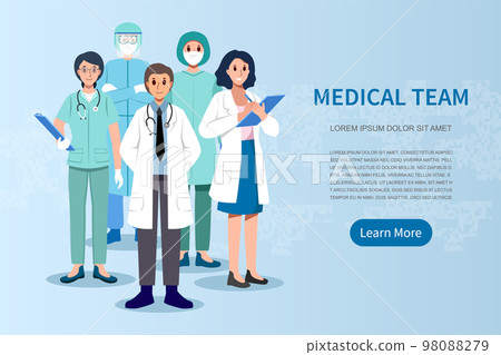 Medical Team . Doctor surgeon nurse assistant and PPE coat . Cartoon characters . Vector . 98088279