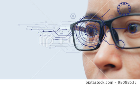 Man wearing eyeglasses with virtual screen future technology. Man wearing eyeglasses with virtual screen future technology. 98088533