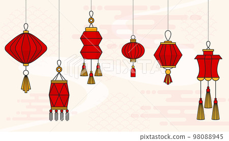 Chinese red lantern set. Hanging paper lamps. Chinese New Year. Chinese red lantern set. Hanging paper lamps. Chinese New Year. 98088945