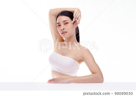 Beautiful spa Asian model girl with make up and beauty healthy skin color lips red and hair portrait. Beauty woman perfect face fresh clean skin portrait isolated on white background. Studio shot. 98089030