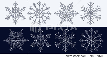 Set of fancy snowflakes made of jewelry chains. Monochrome black and white illustration for winter sales, christmas, new year holiday, gift decoration. Set of fancy snowflakes made of jewelry chains. Monochrome black and white illustration for winter sales, christmas, new year holiday, gift decoration. 98089600