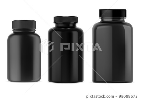 Black plastic bottle mockup of a container for pills, capsules Black plastic bottle mockup of a container for pills, capsules 98089672
