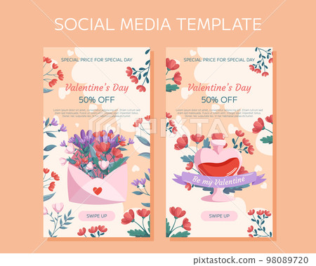 Valentine's Day vertical social media stories template design. Pink open envelop, red flowers green leaves, potion bottle, floral frame. Special Price concept online shopping decorative clouds hearts. Valentine's Day vertical social media stories template design. Pink open envelop, red flowers green leaves, potion bottle, floral frame. Special Price concept online shopping decorative clouds hearts. 98089720