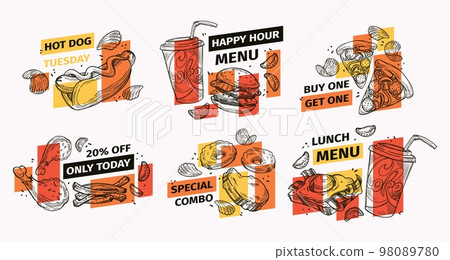 Restaurant offer tag set with hand drawn food 98089780