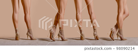 View from different angles of muscular female legs in high heel ankle boots with tinsel 98090214