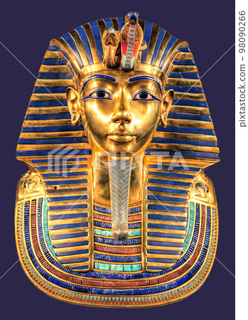 Egyptian pharaoh Tutankhamun's burial mask on blue background Egyptian pharaoh Tutankhamun's burial mask on blue background 98090266