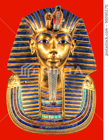 Egyptian pharaoh Tutankhamun's burial mask on red background. 98090270