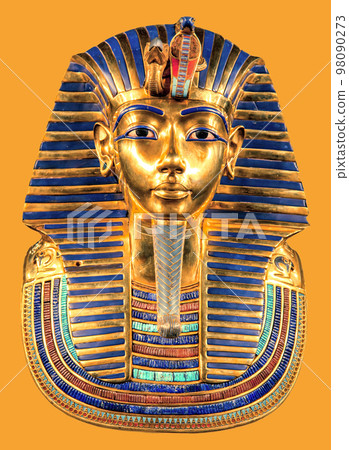 Egyptian pharaoh Tutankhamun's burial mask on yellow background 98090273