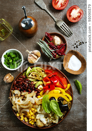 Fried healthy vegetables on a plate 98090879