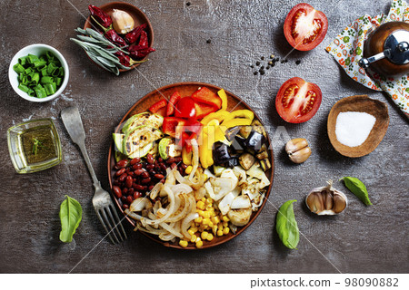 Fried healthy vegetables on a plate 98090882
