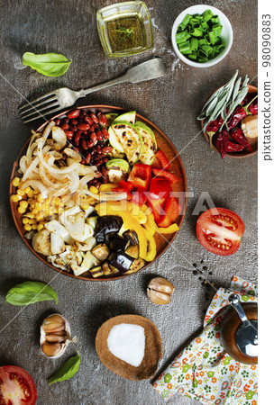 Fried healthy vegetables on a plate 98090883