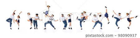 Banner with dynamic portraits of young beautiful couple, man and woman, dancing retro dances isolated over light background. Concept of vintage fashion, music, party, ad 98090937