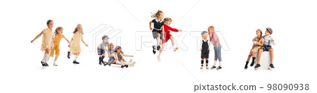 Collage with images of happy children in retro style clothes playing together, having fun isolated over grey background. Concept of childhood, friendship 98090938