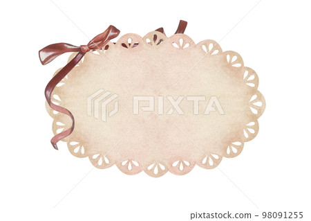 Oval beige lace doily with red bow. Place for inscription or text. Watercolor illustration. Isolated on a white background. For design of stickers, greeting cards, wedding invitation, scrapbooking Oval beige lace doily with red bow. Place for inscription or text. Watercolor illustration. Isolated on a white background. For design of stickers, greeting cards, wedding invitation, scrapbooking 98091255