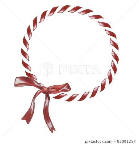 Round wreath of red ribbon and bow. Place for inscription or text. Watercolor illustration. Isolated on a white background. For design of stickers, greeting cards, invitation, holiday decorations 98091257