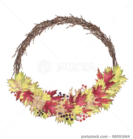Willow wreath withe watercolor with autumn twigs and maple, oak, poplar isolated on white. Hand drawing illustration Willow wreath withe watercolor with autumn twigs and maple, oak, poplar isolated on white. Hand drawing illustration 98091664