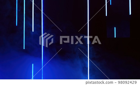 Blur laser glow. Color fog. Disco illumination. Defocused neon blue light smoke floating on dark black abstract free space futuristic background. Blur laser glow. Color fog. Disco illumination. Defocused neon blue light smoke floating on dark black abstract free space futuristic background. 98092429