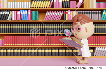 3d cartoon boy character hand hold open book with magnifying glass in library. studying, researching concept, 3d render illustration 98092706