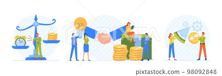 Set Business Characters Men and Women Working Process. Businessman Stand at Huge Scales with Money and Clock 98092848