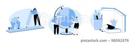 Set Education, Knowledge Concept. Tiny Characters With Huge School Stationery. College Students Vector Illustration Set Education, Knowledge Concept. Tiny Characters With Huge School Stationery. College Students Vector Illustration 98092876