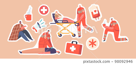 Set of Stickers Rescuers First Aid to Victims during Catastrophe or Accident. Medic Push Injured Person on Medical Bed Set of Stickers Rescuers First Aid to Victims during Catastrophe or Accident. Medic Push Injured Person on Medical Bed 98092946